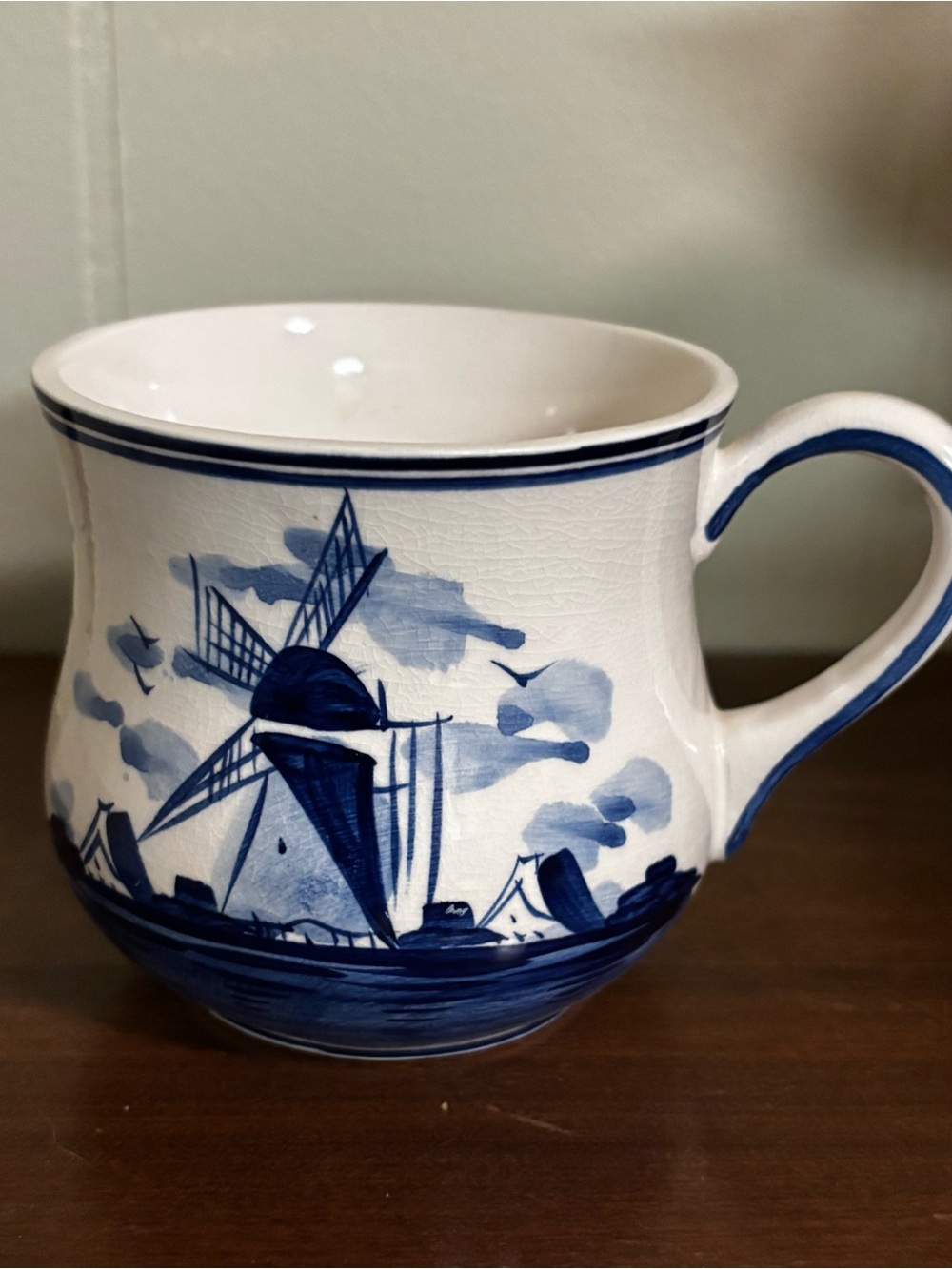Delft White Ceramic Mug with Blue Windmill Motif 1984